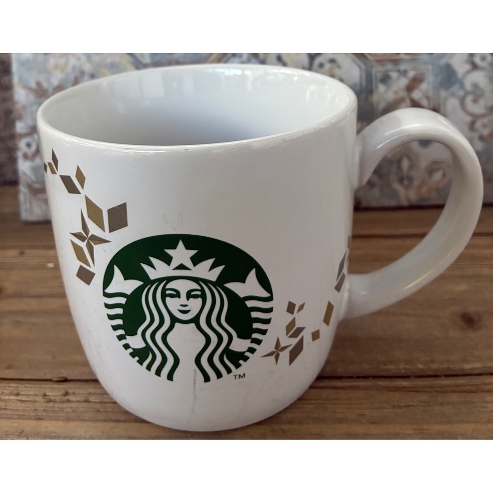 Starbucks 2013 Holiday Collection Coffee Mug 14oz White Gold Geometric Stars Cup